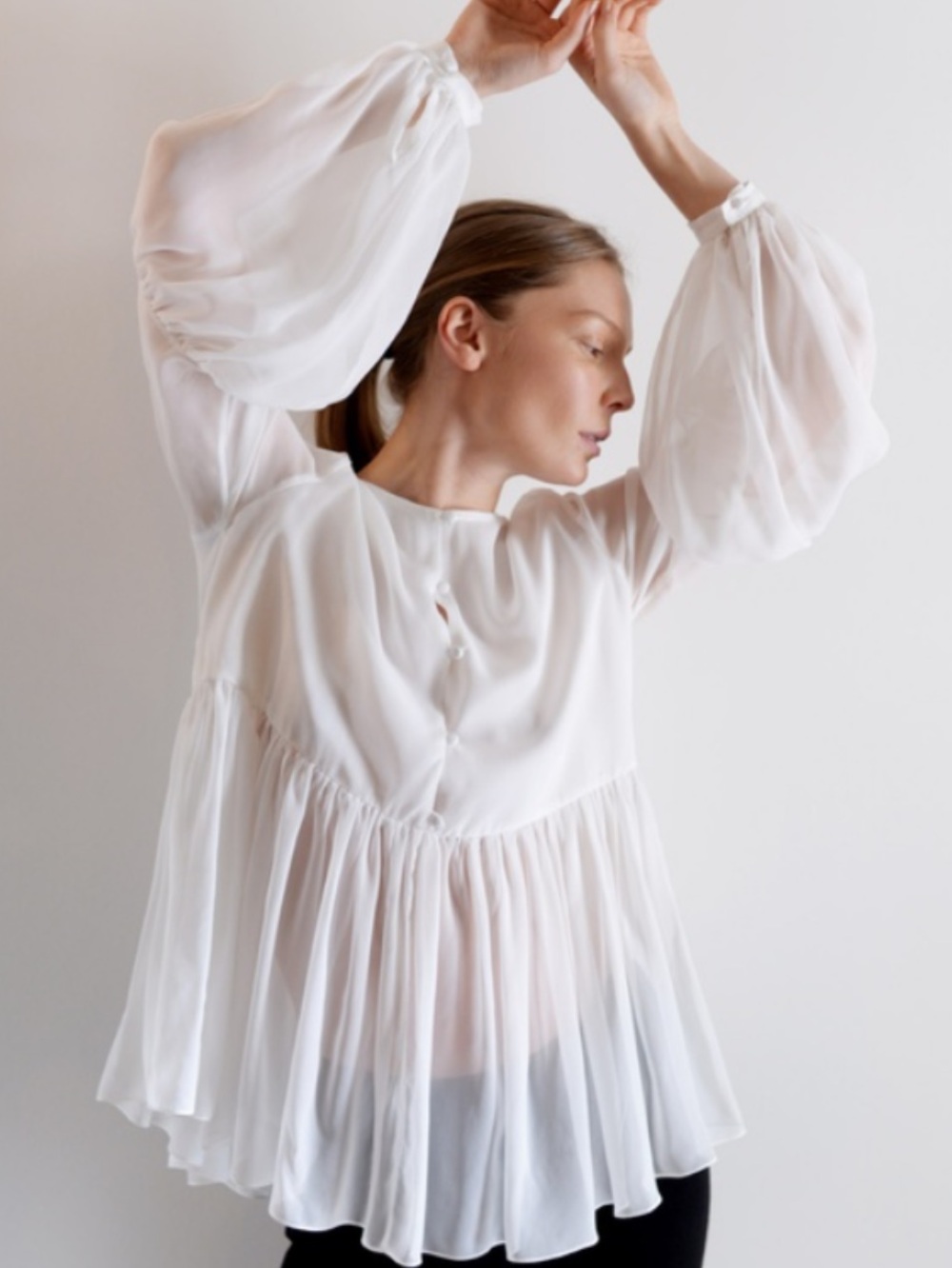 Halston peplum chiffon blouse button down long balloon sleeves Boho Chic sz S